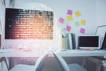 Fototapete - Double exposure of brain drawing and office interior background. Concept of data technology.