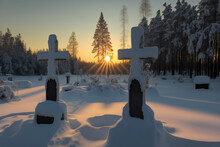 Two Old Mortar White Grave Markers That Are Covered In A Thick Layer Of Snow With Trees In The Background And The Sun Close To The Horizon. (ai Generated)