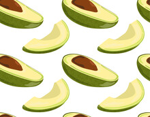 Half An Avocado With Pit And Avocado Slices. Food Pattern. Seamless Pattern In Vector. Isolated Image Of An Avocado. Suitable For Print And Background.