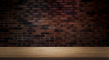 wooden table table at foreground with blurred old brown brick wall as background, brick wall texture