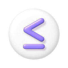 Math 3D icon. Purple arithmetic less than or equal sign on white round button. 3d realistic design element.