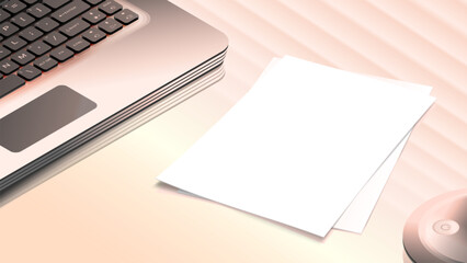 Blank office paper template. Workplace illustration. Empty office pages mockup and laptop keyboard on the desk.