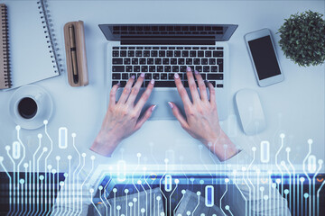 Fototapete - Double exposure of woman hands working on computer and data theme hologram drawing. Top View. Technology concept.