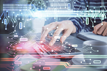 Fototapete - Double exposure of woman hands working on computer and data theme hologram drawing. Tech concept.