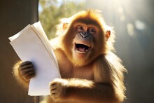 Happily Smiling Monkey Holding Blank White Paper. Generative AI