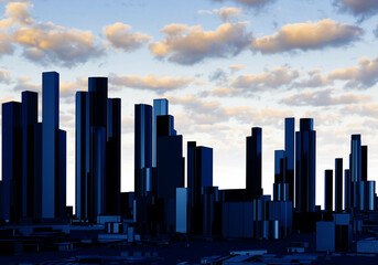 Canvas Print - Landscape of metropolis. City with skyscrapers. Evening downtown. Dawn in metropolis. Concept of business real estate in downtown. Skyline from skyscrapers. Metropolis under sky. 3d image