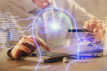 Fototapete - Double exposure of man hands typing on computer with credit card and brain theme drawing. E-commerce and AI concept.