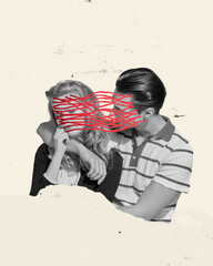 Sticker - Family problems. Young couple in love hugging. Concept of human emotions, psychology, relationship. Contemporary art collage. Inspiration, ideas, creativity.