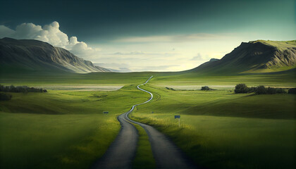 Endless road along green grasslands, generative ai