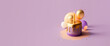 minimalist gold and purple birthday cake on purple background generative ai web banner