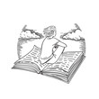 © Diana - Hand drawn black and white ex libris in vector. Illustration of a man flying in the sky on an open book.