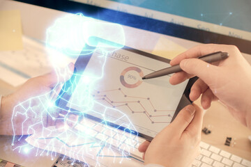 Fototapete - Double exposure of man's hands holding and using a digital device and AR glasses drawing. Virtual reality concept.