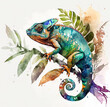 © Yulia - watercolor chameleon on a green background , animal ,  generative ai