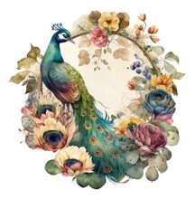 Vintage Peacocks With Peonies Isolated On White Background. Watercolor Digital Illustration Generative AI