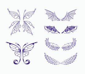 Wall Mural - Set of fairy wings of angel, demon, bat and fairy. Linear vector