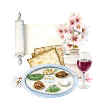 Watercolor Passover Seder Plate With Traditional Meal, Wine Glass, Haggadah Scroll And Almond Flowers Bouquet In Vase
