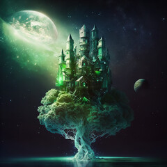 Poster - green crystal tree castle Generative AI