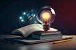 © getti - E-Learning-Programmkonzept für Graduiertenzertifikate. Glühbirne auf Buch mit Abschlusskappe und Bildungssymbolen. Abschluss des Internet-Bildungskurses, Online-Lernkonzept. Webinare ,Generative AI