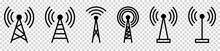 Set Of Radio Tower Icon. Internet And Mobile Connection. Linear Style. Vector Illustration Isolated On Transparent Background