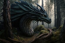Huge Terrifying Mystical Forest Dragon Crawls Through Pines On Ground, Created With Generative Ai