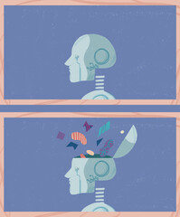 An illustrated robot head opens up, and colorful shapes come out of the brain. Representation of artificial intelligence and AI