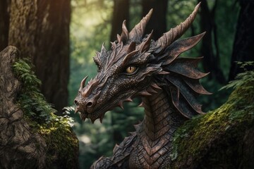 Wall Mural - magical creature in form of dangerous forest dragon with large ears, created with generative ai