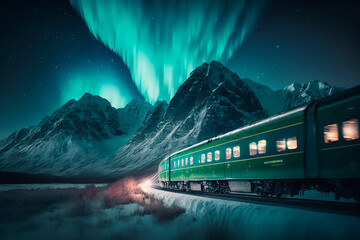 a passenger train rides in the arctic north in the snow against a backdrop of glowing northern light