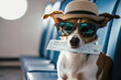 dog with sunglasses and  chek in boarding pass in airline terminal. summer and vacation. generative ai
