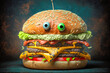 Funny burger with face emotion. Unhealthy fastfood. AI generative