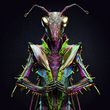 Realistic Lifelike Praying Mantis Insect In Disco Neon Glitter Bright Outfits, Commercial, Editorial Advertisement, Surreal Surrealism	
