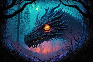 Wall Mural - twilight mystical forest with flaming eyes of huge forest dragon, created with generative ai