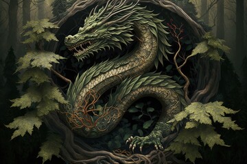 Wall Mural - traditional chinese symbol of luck and prosperity in form of forest dragon, created with generative ai