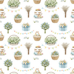 Watercolor seamless pattern with vintage Easter bouquet of flowers in wicker basket, cake, flags and gift box isolated on white background. Watercolor hand drawn illustration sketch