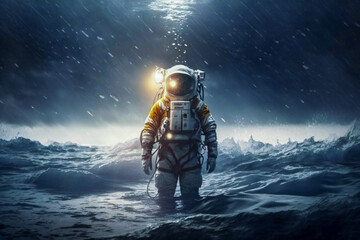 Wall Mural - a lonely astronaut sitting in water while raining. created with generative ai technology.