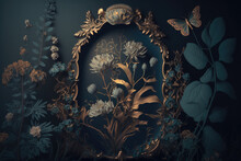 Wallpaper Decorated  Rococo Blooms Flowers Orante Gold Frame Dreamy Intricate Details Pastel Scheme Dull Tone Fantasy Fairytale Aesthetic Rococo Luxurious Style Background,generative Ai.