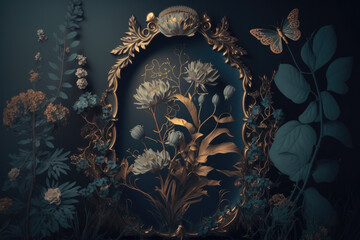wallpaper decorated rococo blooms flowers orante gold frame dreamy intricate details pastel scheme d