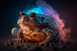 Cute frog on dark background with glowing smoke, magical creature, dark Halloween holiday. Generative AI