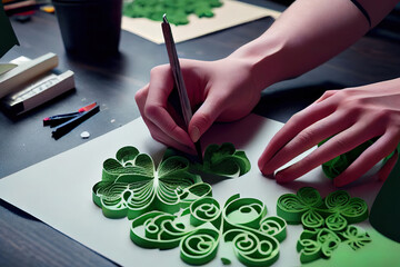 Woman Making Paper Shamrock as a Decoration for Saint Patrick's Day. Generative Ai