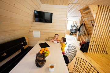 Two sisters eat strawberries in wooden country house on weekend.