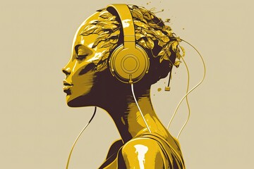 Illustration of a female humanoid robot with headphones enjoying and feeling the music on a gold background. Generative AI