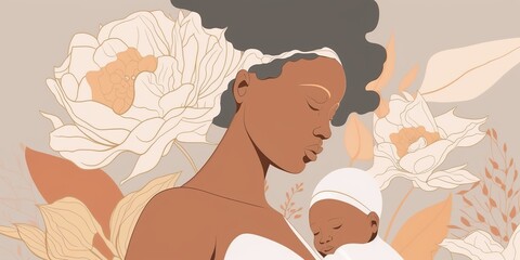 Mothers Day concept for an african mother loving newborn baby, One line minimalist style, flowers.