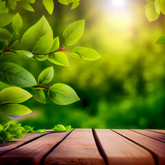 Wall Mural - Spring background with green foliage and wooden table planks. AI generative