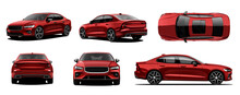 Realistic Vector Car In Red Color With Gradients. View In  Front, Back, Side And Top 