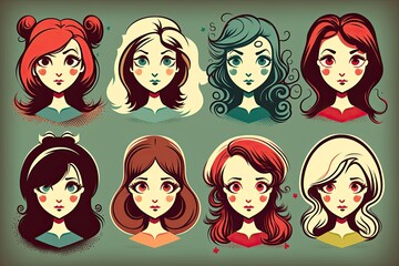 A set of young girls with different hairstyles and hair colors. Cartoon illustration. Generative ai