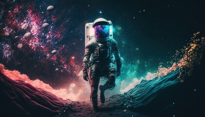 Wall Mural - vivid colorful illustrations of astronaut in space surfing on surfboard waves of galaxies generate a