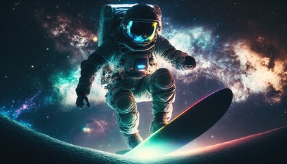 Wall Mural - vivid colorful illustrations of astronaut in space surfing on surfboard waves of galaxies generate a