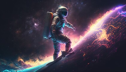 Wall Mural - vivid colorful illustrations of astronaut in space surfing on surfboard waves of galaxies generate a