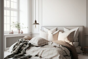 Wall Mural - Bright and cozy bedroom interior, empty white wall background, scandinavian design, minimalistic