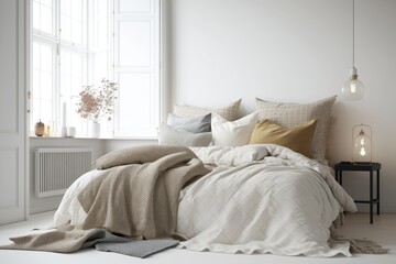 bright and cozy bedroom interior, empty white wall background, scandinavian design, minimalistic
