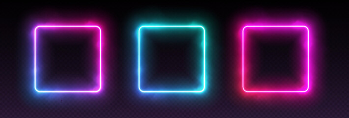 gradient neon square frames with smoke, led borders with mist effect, transparent glowing haze. avat